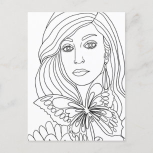 Butterfly Girl Womans face Colouring page Postcard