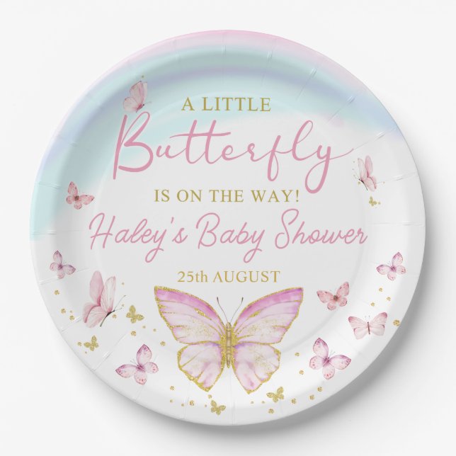 Butterfly Girls Pink Baby Shower Paper Plate (Front)