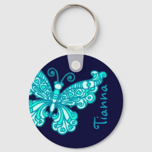 Butterfly girls purple blue sky name keychain