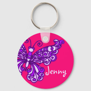 Butterfly girls purple pink name keychain