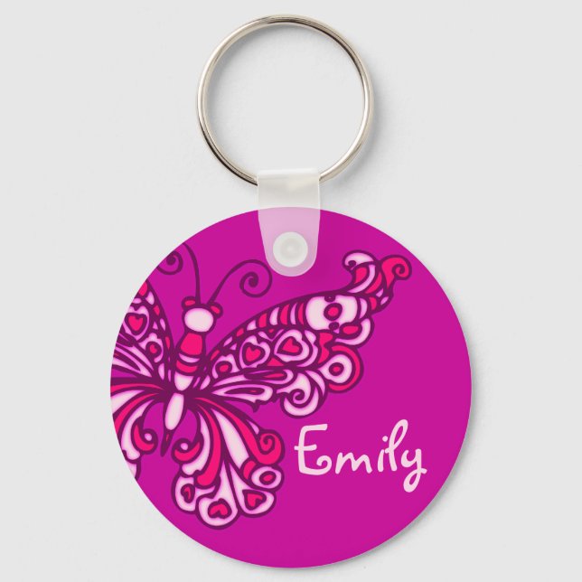 Butterfly girls purple pink name keychain (Front)