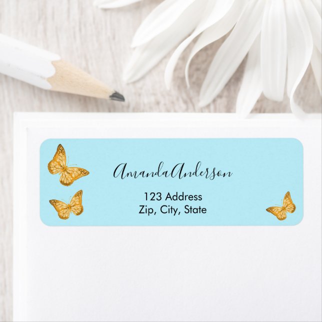 Butterfly gold blue return address label (Insitu)