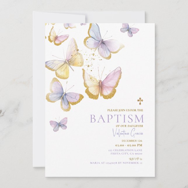 Butterfly Gold Girl Baptism Gold Cross Flowers Invitation (Front)