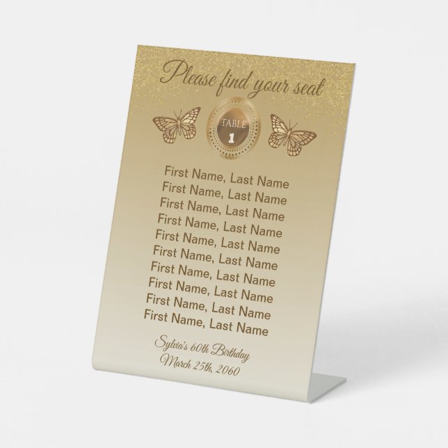 Butterfly & Gold Glitter Table Number Sign  (Front)