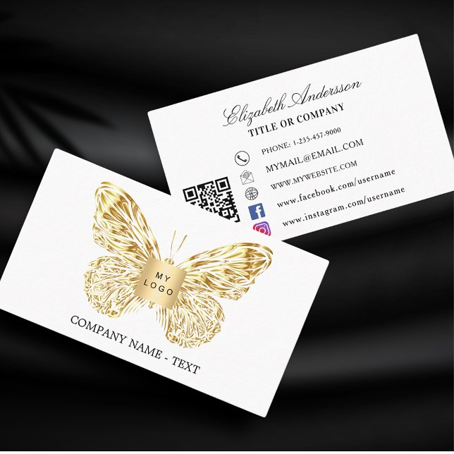 Butterfly gold white logo QR code Business Card (Creator Uploaded)