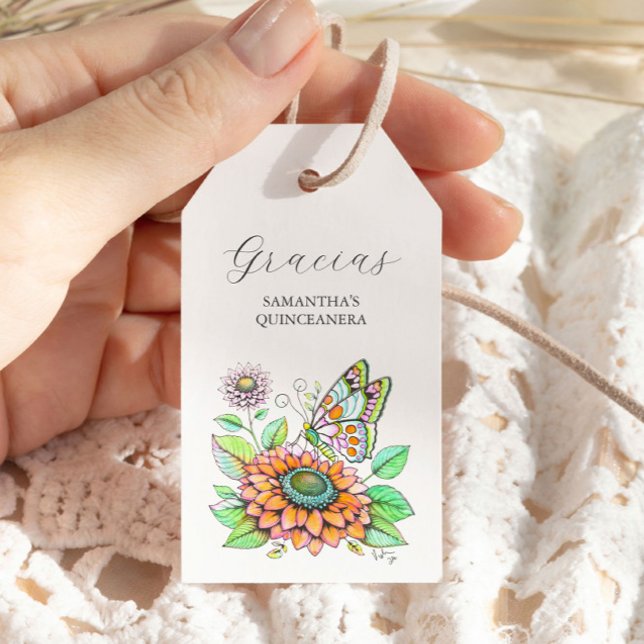 Butterfly Gracias Favour Tags (Quinceanera favor tags butterfly watercolor art by Victoria Grigaliunas of Do Tell A Belle)