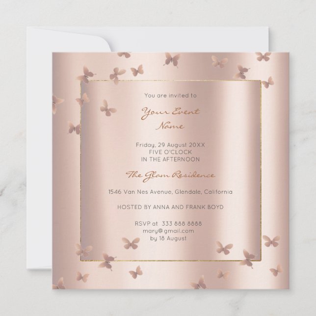 Butterfly Grey Oriental Blush Pearly Pink Rose Invitation (Front)