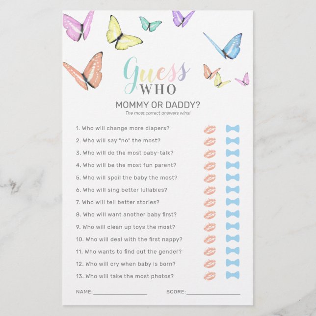 Butterfly Guess Who Baby Shower Game (Front)