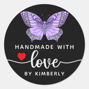 Butterfly Handmade with Love Black Classic Round Sticker