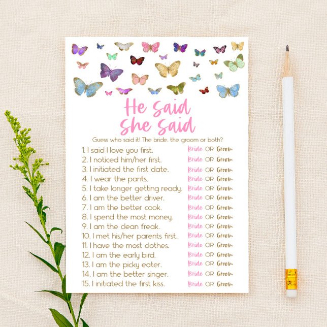 Butterfly He Said She Said Bridal Shower Game Stationery (Creator Uploaded)