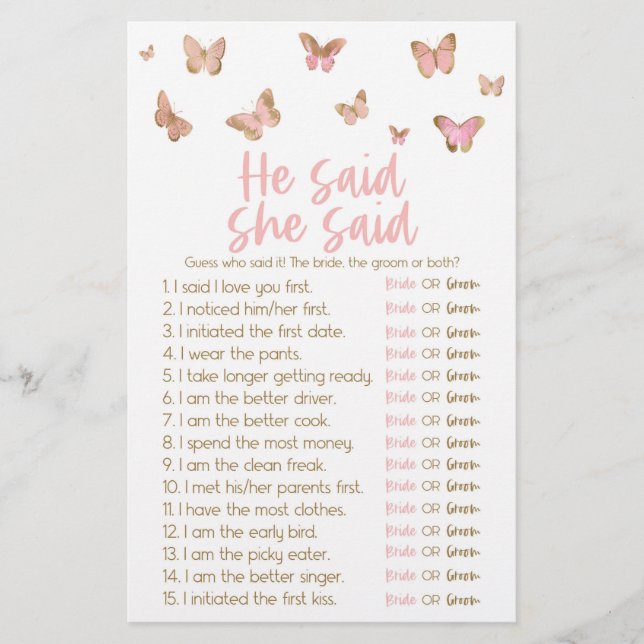 Butterfly He Said She Said Bridal Shower Game Stationery (Front)