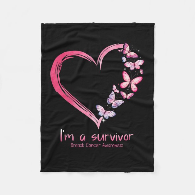 Butterfly Heart I'm A Survivor Breast Cancer Aware Fleece Blanket (Front)