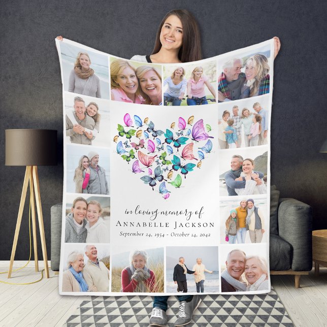 Butterfly Heart In Loving Memory Photo Collage Fleece Blanket (Creator Uploaded)