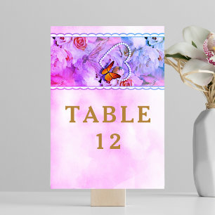 Butterfly Heart Pearls Floral Pink Rose Wedding Table Number