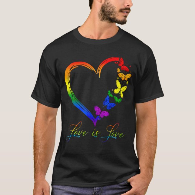 Butterfly Heart Rainbow Love Is Love Lgbt Gay Lesb T-Shirt (Front)