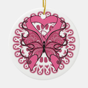 Butterfly Heart Ribbon - Breast Cancer Ceramic Tree Decoration