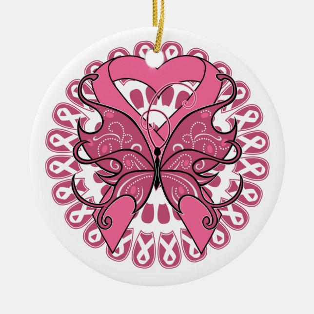 Butterfly Heart Ribbon - Breast Cancer Ceramic Tree Decoration (Front)
