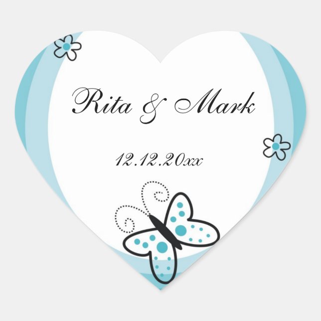 Butterfly Heart Wedding Favour Sticker::Blue Sticker (Front)