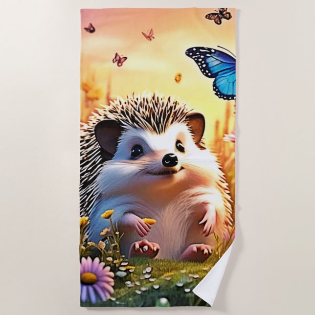 Butterfly Hedgehog Art Beach Towel (Front)