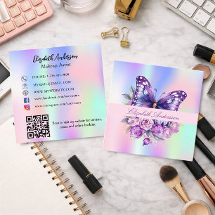 Butterfly holographic purple QR code social media Square Business Card