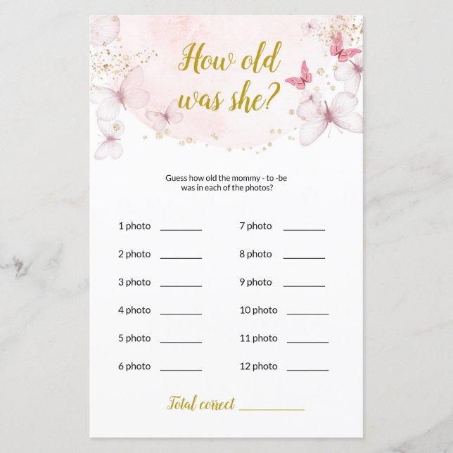 Butterfly How old was she? Baby Shower game (Front)