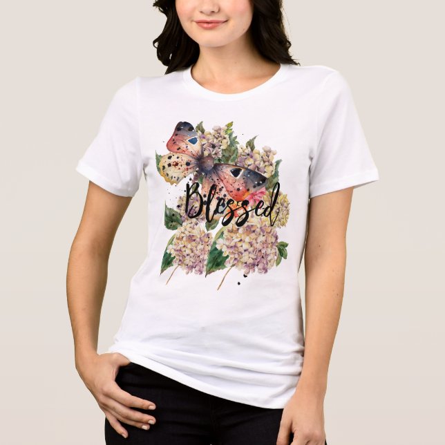 Butterfly Hydrangea Watercolor Custom Personalise Tri-Blend Shirt (Front)