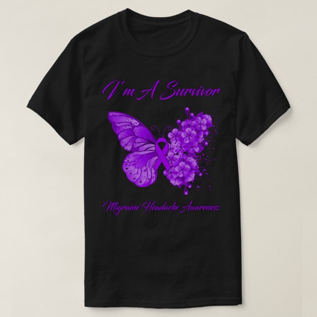 Butterfly I’m A Survivor Migraine Headache Awarene T-Shirt (Design Front)