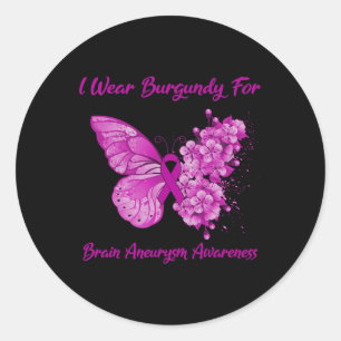 Butterfly I Wear Burgundy For Brain Aneurysm Aware Classic Round Sticker