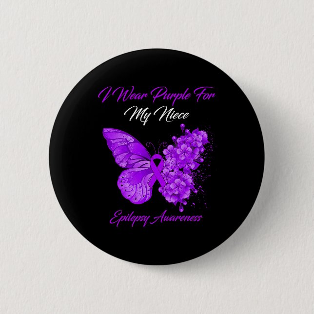 Butterfly I Wear Purple For My Niece Epilepsy Awar 6 Cm Round Badge (Front)