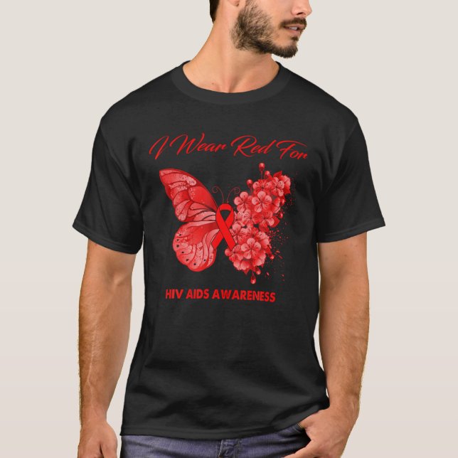 Butterfly I Wear Red For HIV AIDS Awareness T-Shirt (Front)
