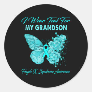 Butterfly I Wear Teal For My Grandson Fragile X Sy Classic Round Sticker