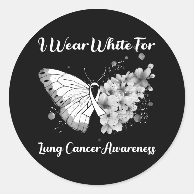 Butterfly I Wear White For Lung Cancer Awareness T Classic Round Sticker (Front)