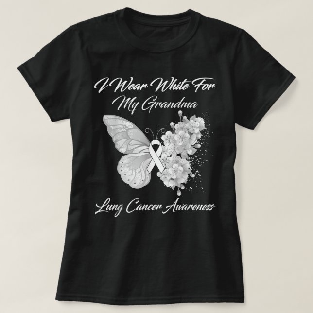 Butterfly I Wear White For My Grandma Lung Cancer  T-Shirt (Design Front)