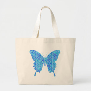 Butterfly image, abstract pattern, shades of blue large tote bag