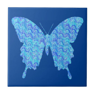Butterfly image, abstract pattern, shades of blue tile