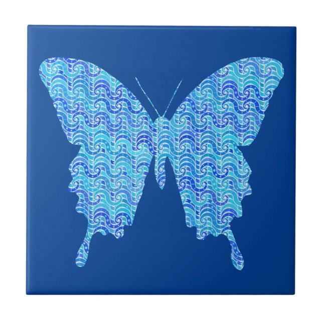 Butterfly image, abstract pattern, shades of blue tile (Front)