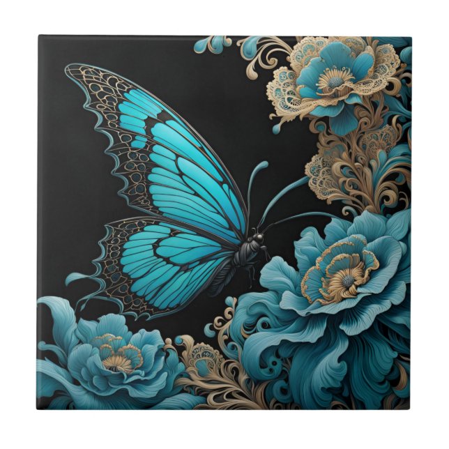 Butterfly in a floral garden at night tile (Front)