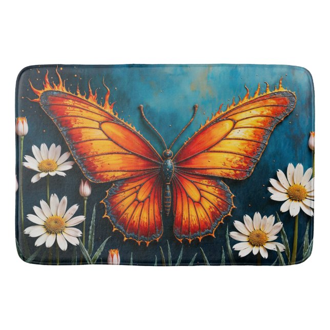 Butterfly in flames fantasy white chamomile art bath mat (Front)