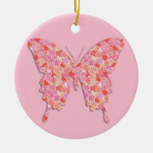 Butterfly in flower pattern - pink, orange ceramic tree decoration