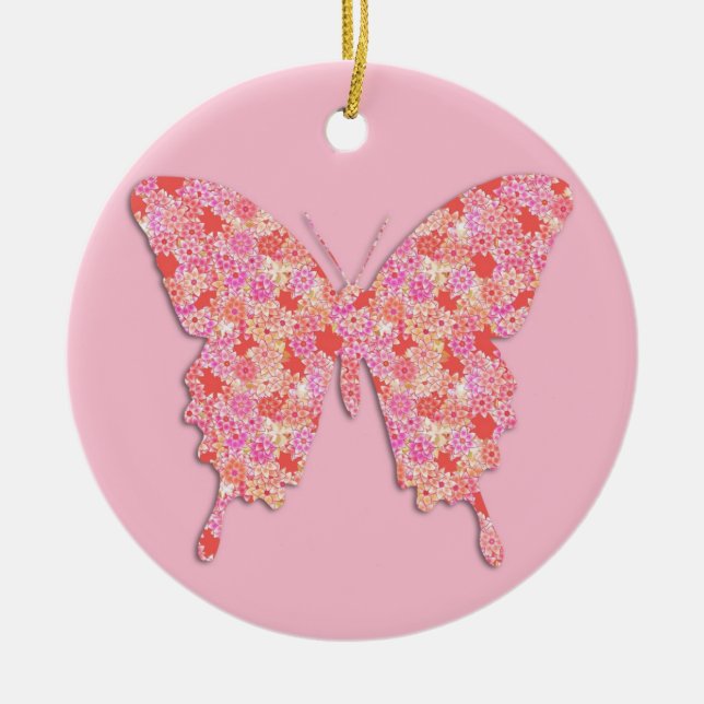 Butterfly in flower pattern - pink, orange ceramic tree decoration (Front)