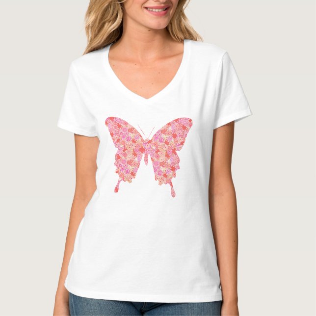 Butterfly in flower pattern - pink, orange T-Shirt (Front)