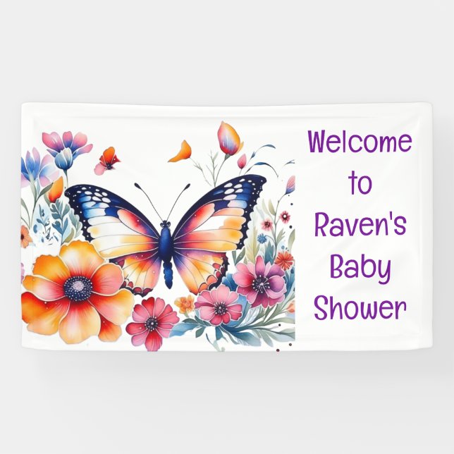 Butterfly in Flowers Girl's Baby Shower  Banner (Horizontal)