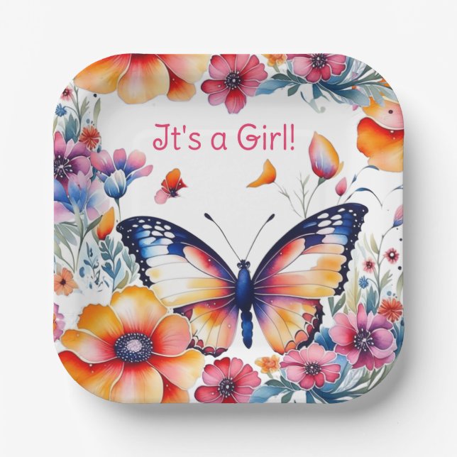 Butterfly in Flowers Girl's Baby Shower Paper Plate (Front)