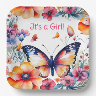 Butterfly in Flowers Girl's Baby Shower Paper Plate