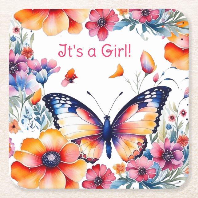 Butterfly in Flowers Girl's Baby Shower Square Paper Coaster (Front)