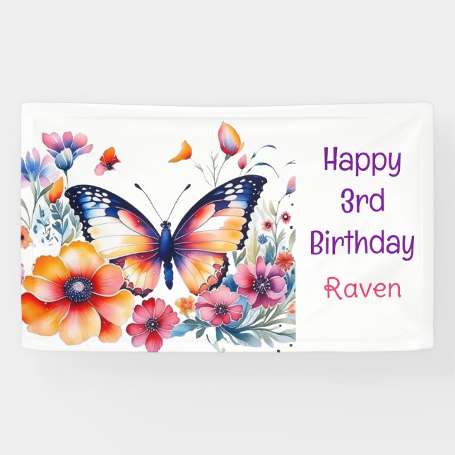 Butterfly in Flowers Girl's Birthday Girl  Banner (Horizontal)