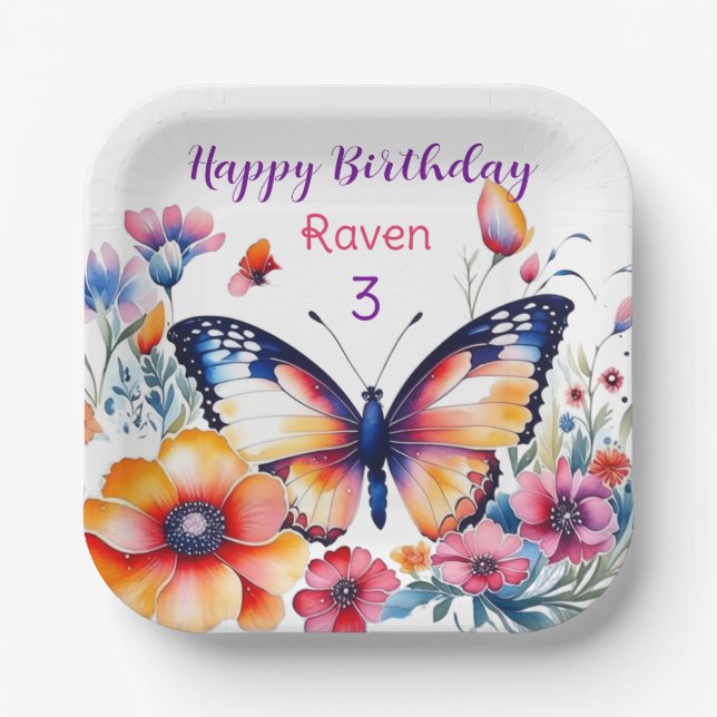 Butterfly in Flowers Girl's Birthday Party  Paper Plate (Front)