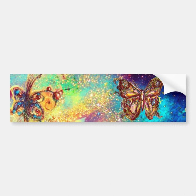 BUTTERFLY IN GOLD BLUE SPARKLES BUMPER STICKER (Front)