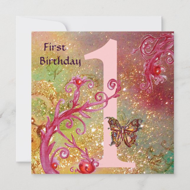 BUTTERFLY IN GOLD SPARKLES 2  First Birthday Party Invitation (Front)