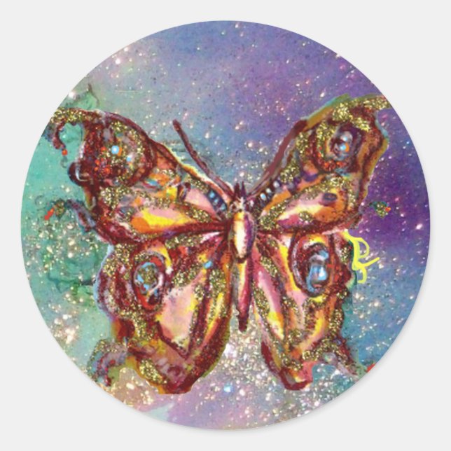 BUTTERFLY IN GOLD SPARKLES CLASSIC ROUND STICKER (Front)